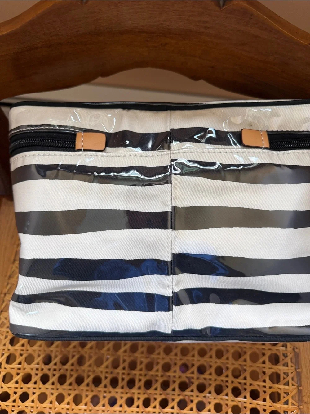 Frances Valentine Black and White Striped Cosmetic Case with Tan Pulls